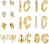 10/11/12 Pairs 16K Gold Plated Clip on Hoop Stud Earrings Set for Women - 10 Pairs Set