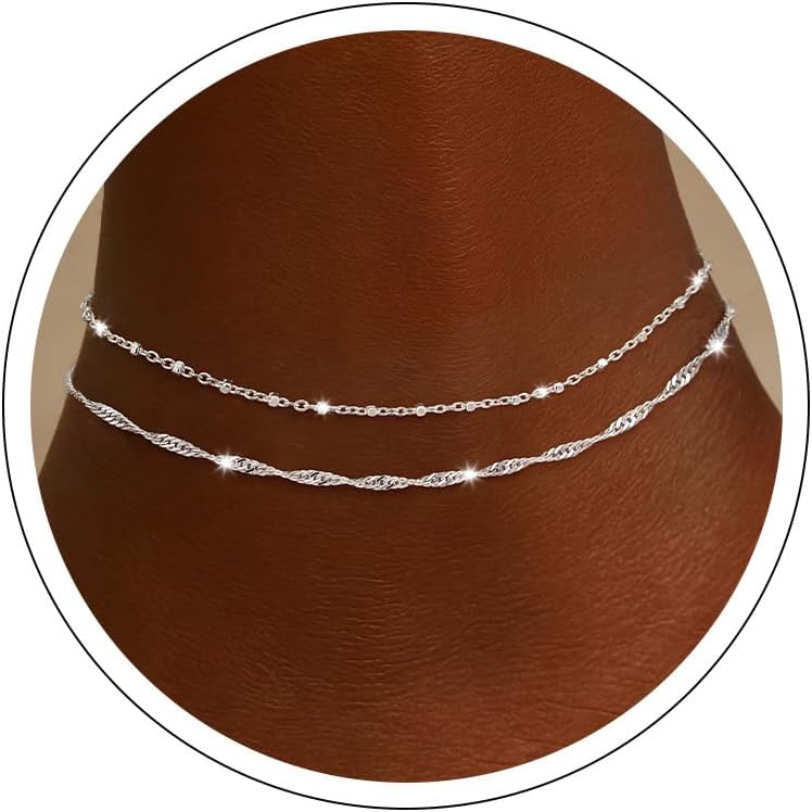 Ankle Bracelets for Women 14K Silver Plated Layered Chain Anklets - main view