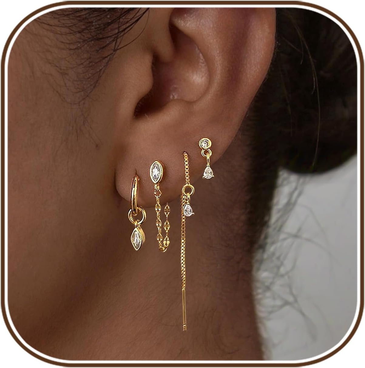 Gold Earring Stacks for Women, Dainty Chain Dangle Threader Earrings Set - main view