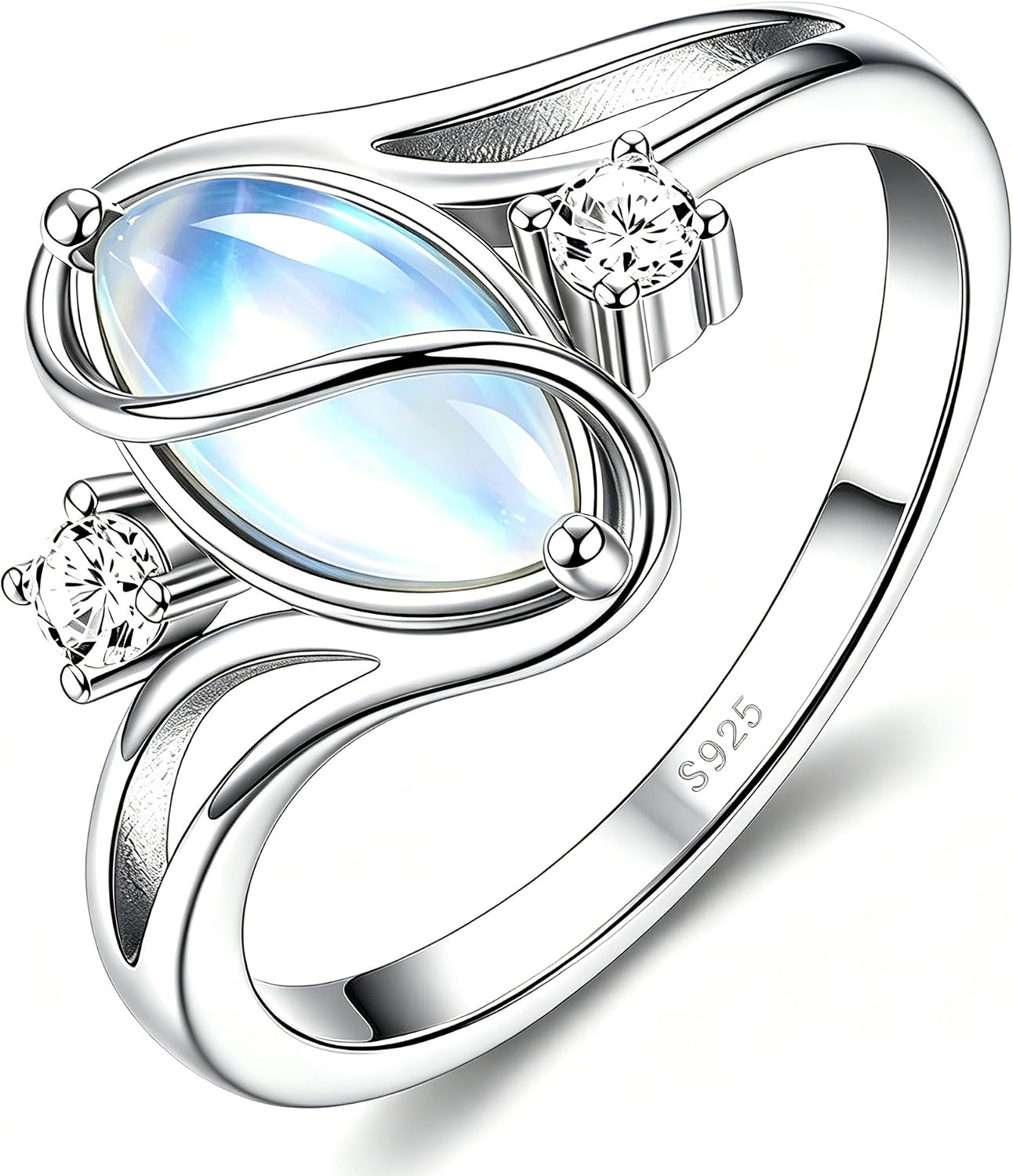 925 Sterling Silver Moonstone Ring with Cubic Zirconia Accents White Gold Plated Marquise-Cut Solitaire Moonstone Women's Promise Ring Size 6-10 - main view