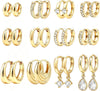 12 Pairs Small 14K Gold Plated Chunky Hoop Earrings for Women Lightweight Gold/Silver Hoop Earring Set Trendy Cartilage Huggie Hoops Stacks for - Gold-12 pairs