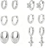 12 Pairs Small 14K Gold Plated Chunky Hoop Earrings for Women Lightweight Gold/Silver Hoop Earring Set Trendy Cartilage Huggie Hoops Stacks for - Silver-6 pairs- diamond