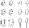 12 Pairs Small 14K Gold Plated Chunky Hoop Earrings for Women Lightweight Gold/Silver Hoop Earring Set Trendy Cartilage Huggie Hoops Stacks for - Silver-6 pairs- round