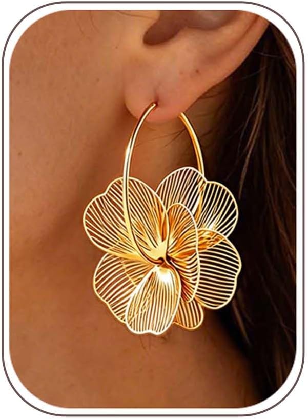 Flower Dangle Gold Earrings for Women Trendy Statement Hoop Earring Jewelry - main view