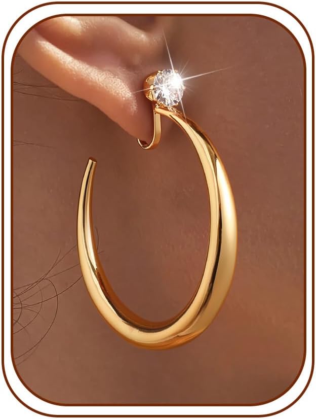 Hoop Clip on Earrings for Women 14K Gold/Silver Plated CZ Clip Earrings for Women Large Hoop Earrings Trendy Non Pierced Earring Jewelry Gifts 35MM - main view
