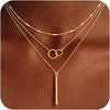 Layered Necklaces for Women 14K Gold Plated Dainty Stack Necklace - 3Pcs Flat Hammered Circle Bar-GD