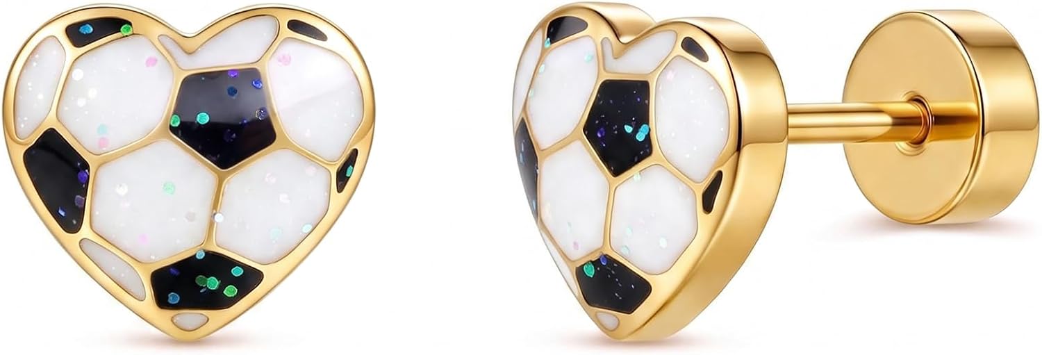Soccer Stud Earrings, 18K Gold Plated Stainless Steel Flat Back Screw Heart Sports Earrings for Women, Soccer Fan Football - main view