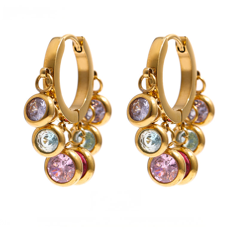 Stainless Steel Colorful Cubic Zirconia Hoop Earrings for Women Metal Texture Geometric Earrings Gift - Image 1