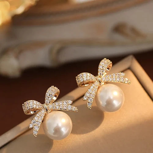 Bow Stud Earrings with Rhinestones and Acrylic Pearls