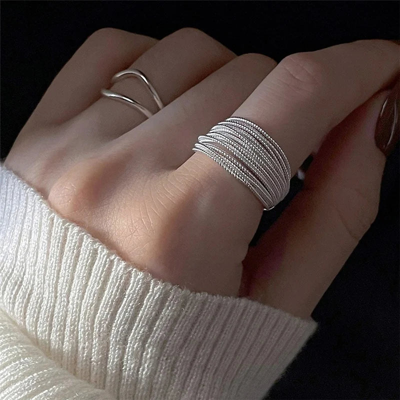 silver Colour Unique Lines Ring For Women Jewelry Finger Adjustable Open Vintage Ring For Party Birthday Gift