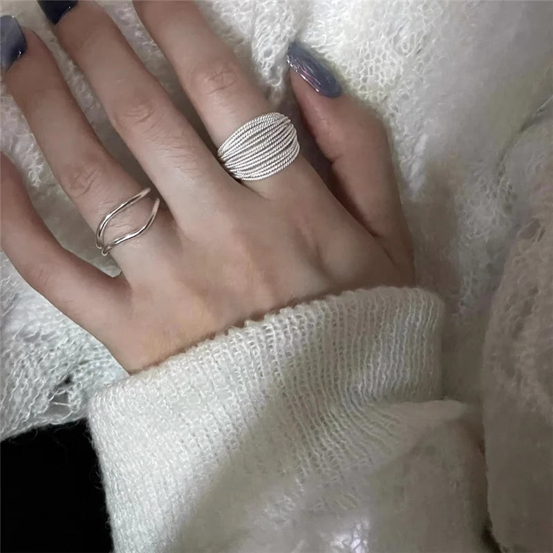 silver Colour Unique Lines Ring For Women Jewelry Finger Adjustable Open Vintage Ring For Party Birthday Gift