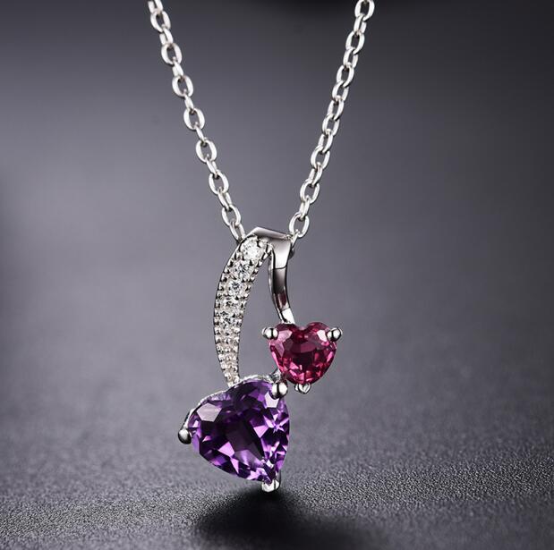 1.2ct Heart Shape Natural Amethyst&Garnet Pendant Necklace Women 925 Sterling Silver Necklaces & Pendants Gifts