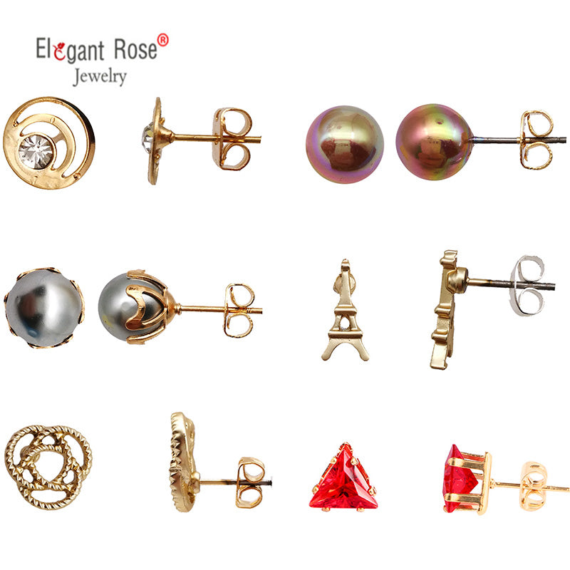 1-9 Pairs Crystal Simulated Pearl Stud Earrings Gold Color Geometric Animal Shape Cut Earrings Set For Girls Boucle D Oreille