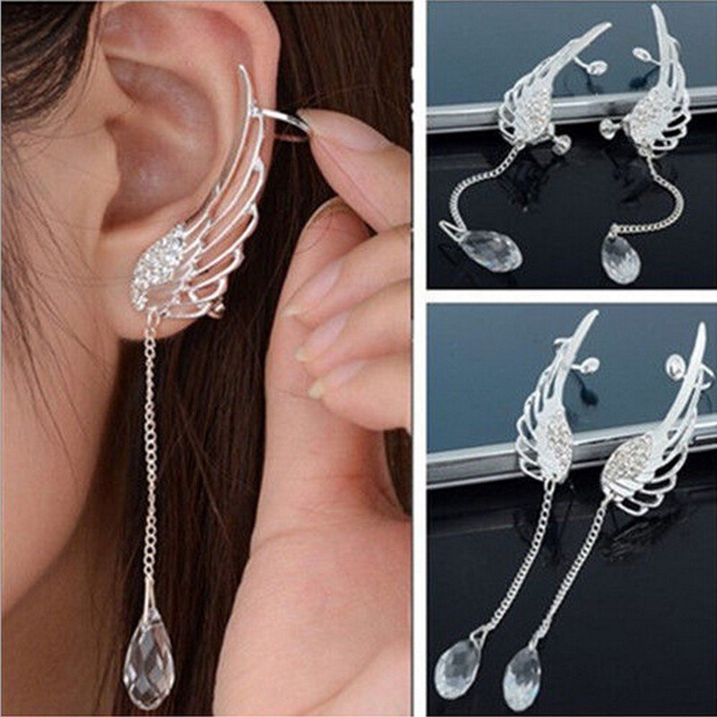 1 Pair Brilliant quality Angel Wing Silver Plated Crystal Chain Drop Dangle Ear Cuff Stud Clip Earrings for Girl