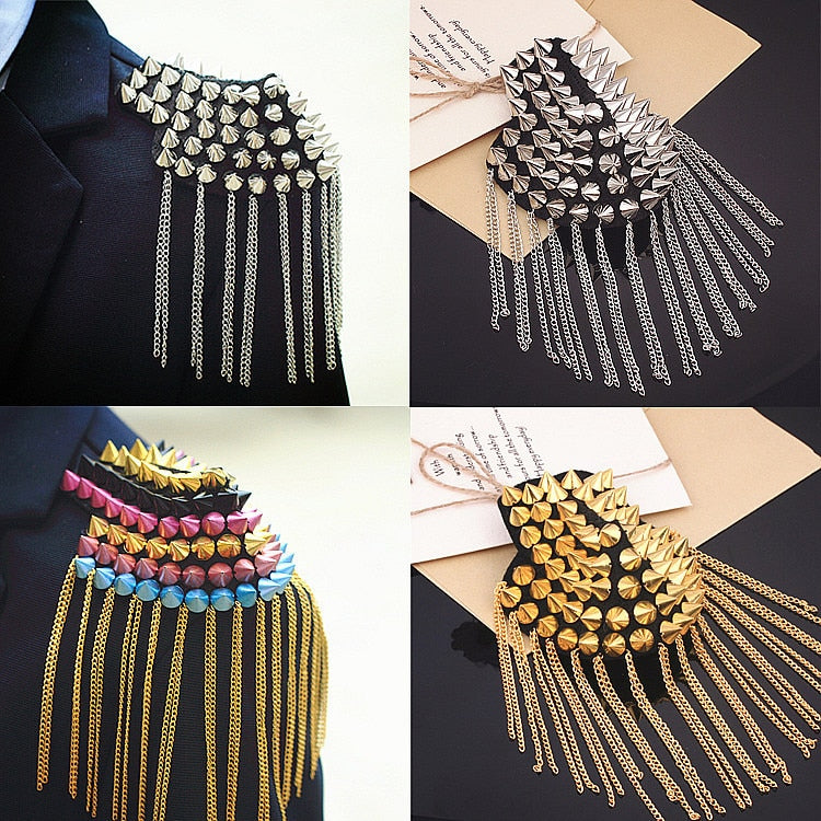 1 Pair Jacket Vintage Brooch Accessories Club Tassel Chain Epaulette Rivet Shoulder Badges Pin Style Evening Party