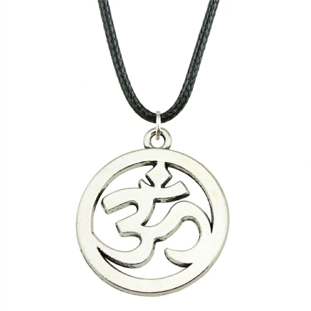 1 Piece 25mm Om Sign Necklace Pendant For Women Leather Chain Necklace 2 Colors Antique Bronze Silver Plated Color