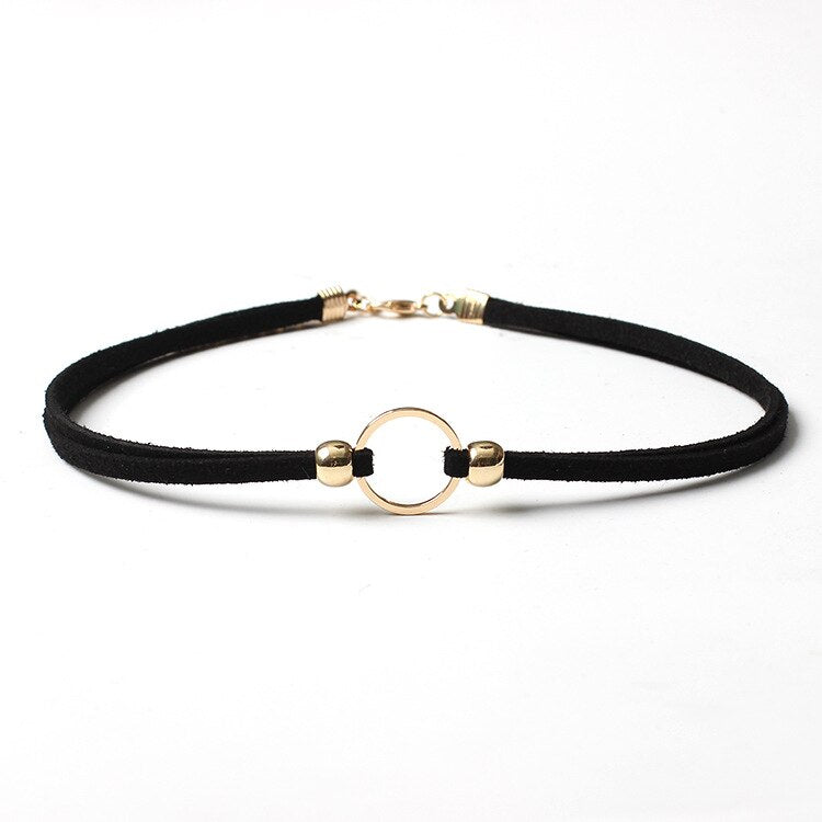 1 Piece Cool Simple Black Color Velvet Choker Necklace Set Satin Gold Color Metal Round Adjustable Size Women Jewelry