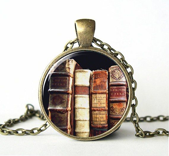(1 Pieces/Lot) Book Necklace, Library Necklace, Book Jewelry, Victorian,Picture Pendant, Teacher Jewelry, Antique,Art, Print