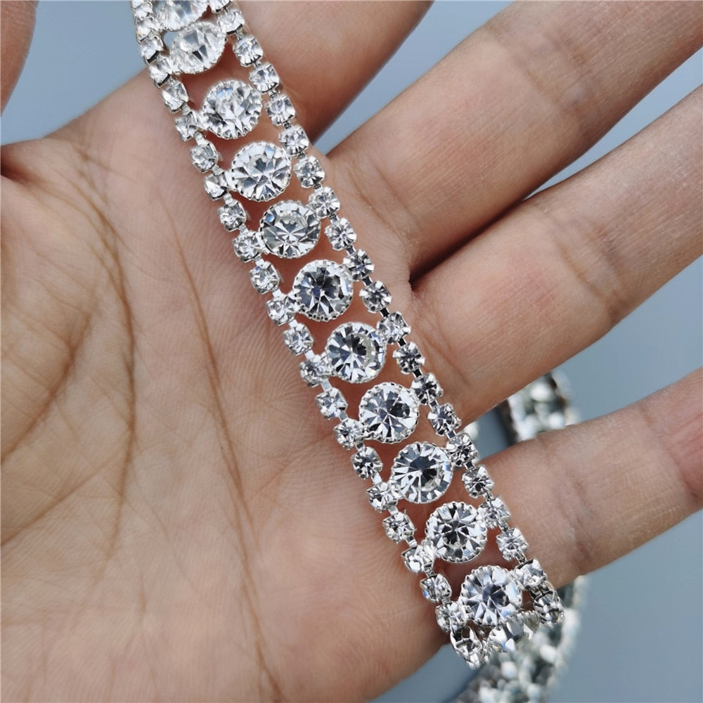1 feet Rhinestone Crystal Chain Bling Diamante Lace Diamond Trim Ribbon Necklace Applique Gem Sparkle Wedding Dress 0.47" Width