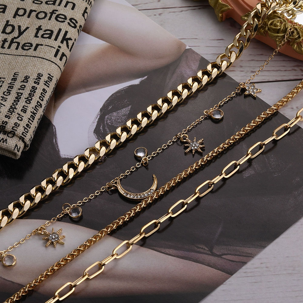 1 pc 4 Layers Gold Color Link Chains Necklaces Crystal Star Charms Choker Necklace Collar Statement Necklace Women Party Jewelry