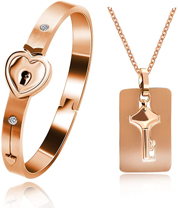 1 set Matching Puzzle Couple Heart Lock Bracelet and Key Pendant Necklace for Men Women Lover Valentine's Day Anniversary Gifts