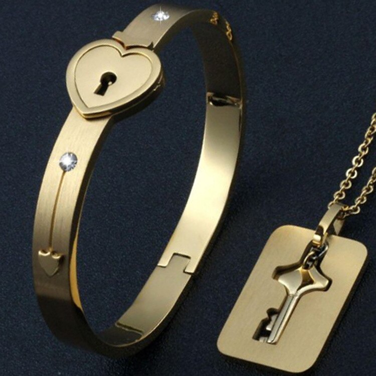 1 set Matching Puzzle Couple Heart Lock Bracelet and Key Pendant Necklace for Men Women Lover Valentine's Day Anniversary Gifts
