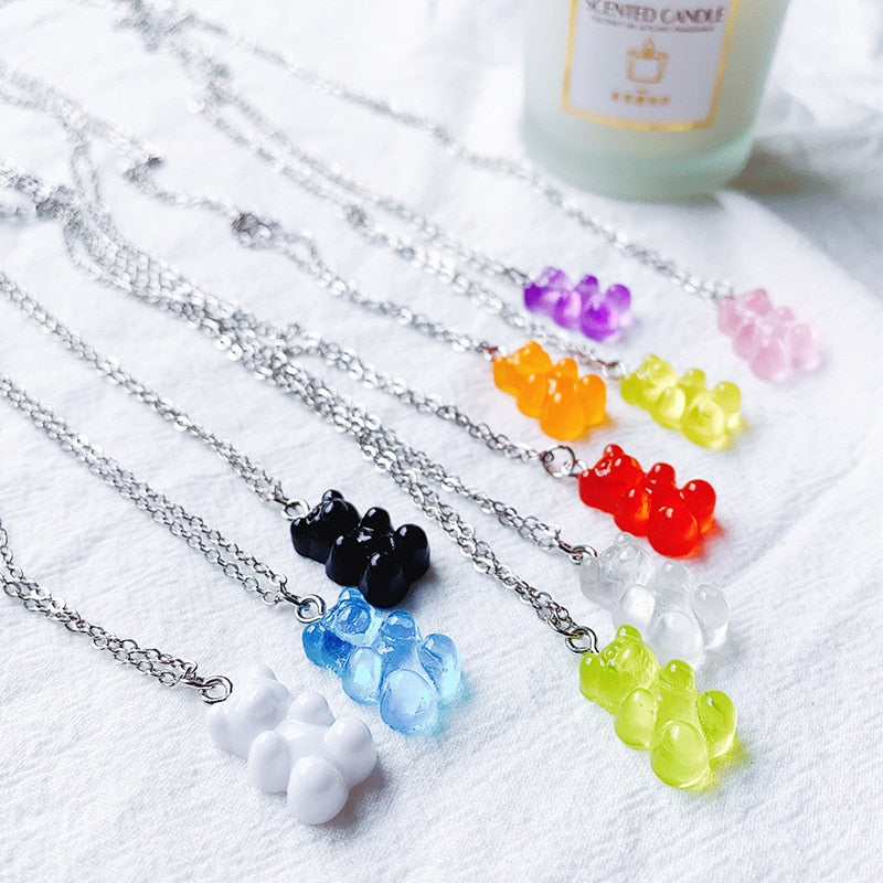 10 Colors Cute Resin Gummy Bear Chain Necklaces Candy Color Pendant For Women Girl's Charm Daily Handmade Jewelry Party Gifts