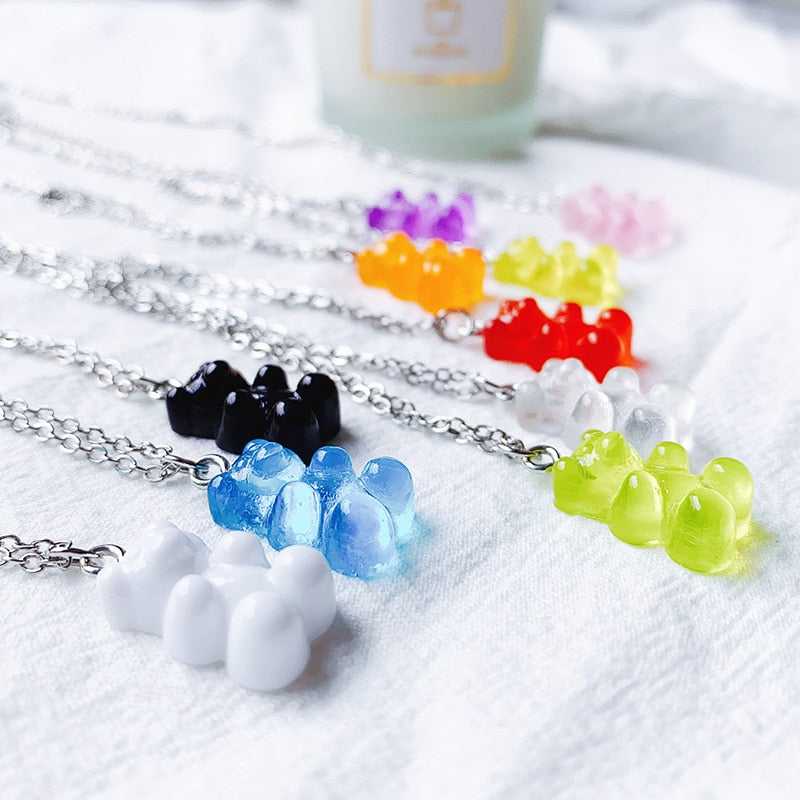 10 Colors Cute Resin Gummy Bear Chain Necklaces Candy Color Pendant For Women Girl's Charm Daily Handmade Jewelry Party Gifts