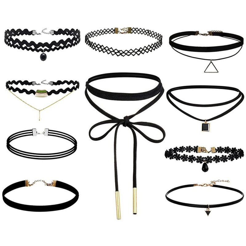 10 Pcs/pack Choker Necklace Black Lace Leather Velvet Strip Woman Collar Party Jewelry Neck Accessories Chokers