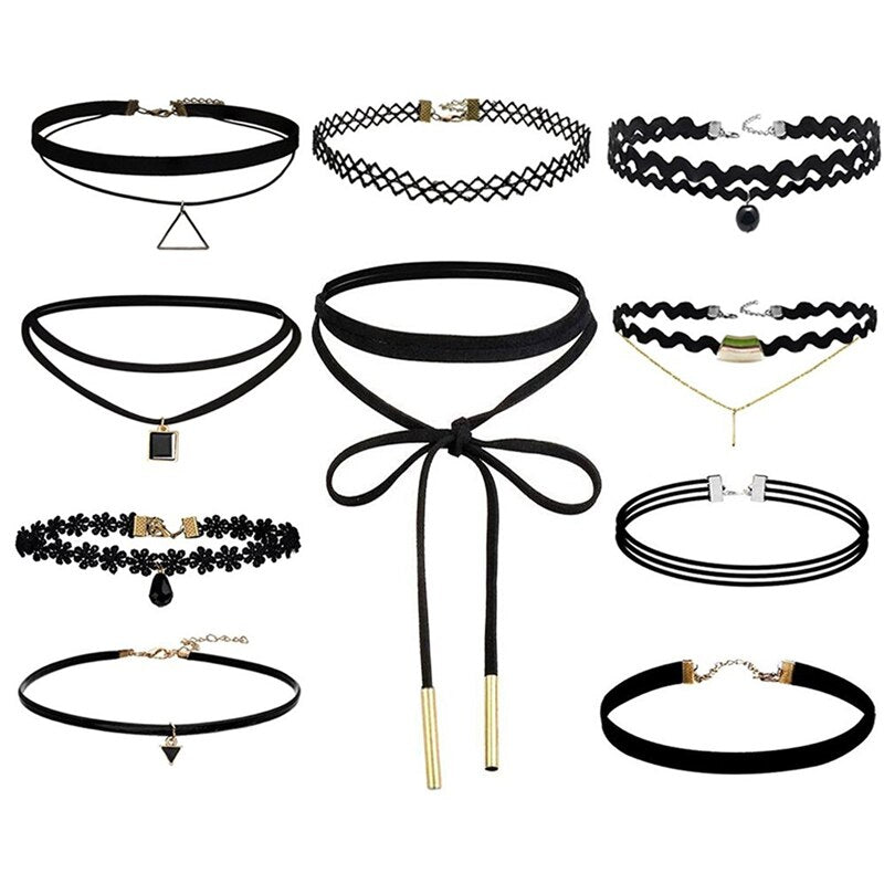 10 Pcs/pack Choker Necklace Black Lace Leather Velvet Strip Woman Collar Party Jewelry Neck Accessories Chokers