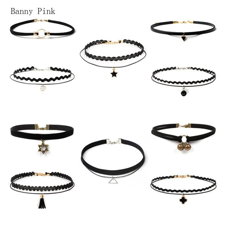 10 Pieces Rope Chain Choker Necklace For Women Punk Alloy Pendant Choker Collar Set Gothic Black Colar Jewelry