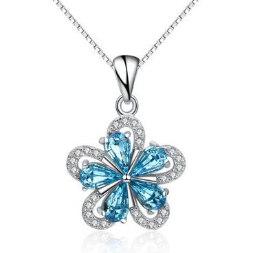 100%925 Silver Necklace Plum Blue Crystal Pendant Silver Chain Woman Charm Jewelry Engagement