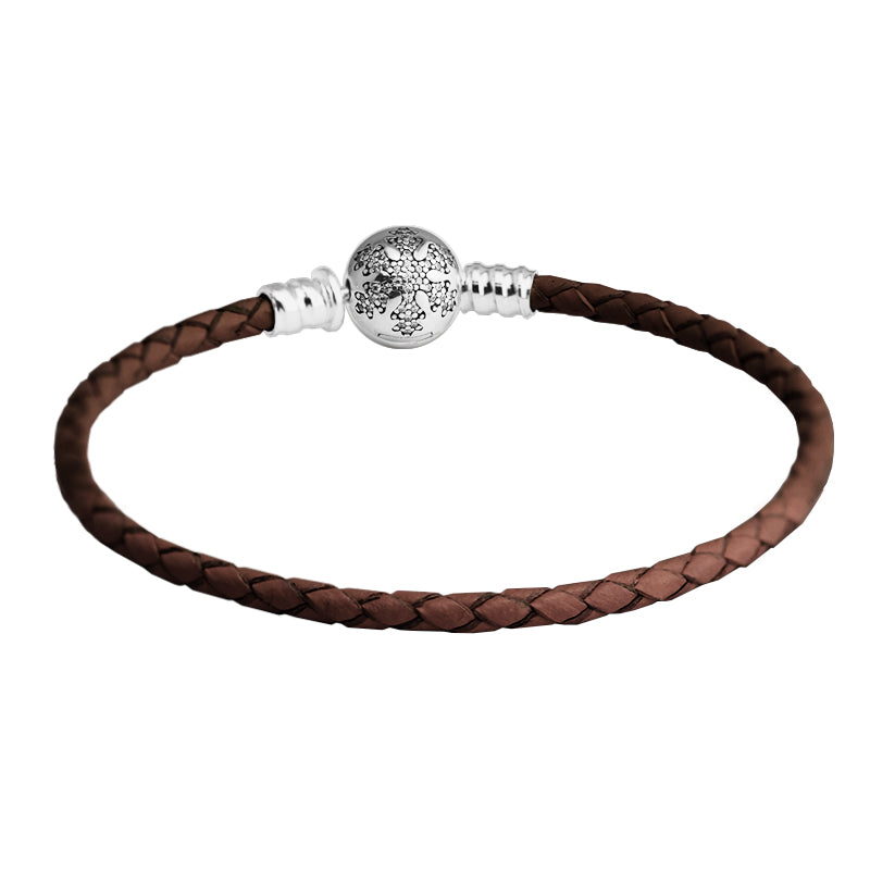 100% 925 Silver Unique Snowflake Clasp Dark Brown Leather Charm Bracelets for Women Men Fit Charm Beads Diy Fine Jewelry PLE602