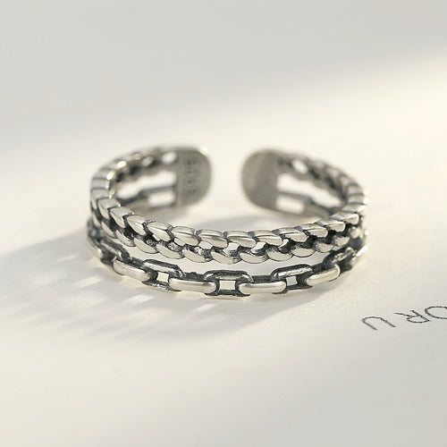 100% 925 Sterling Silver Adjustable Rings For Women And Men Punk Double Chain Design Unusual Engagement And Wedding Ring