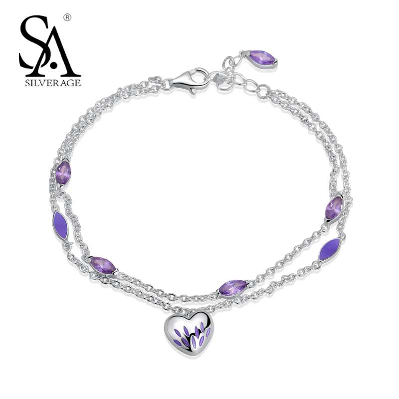 100% 925 Sterling Silver Amethyst Chains Bracelets Wedding Fine Jewelry 2020 Love Hearts Charms Bracelets for Women Gift