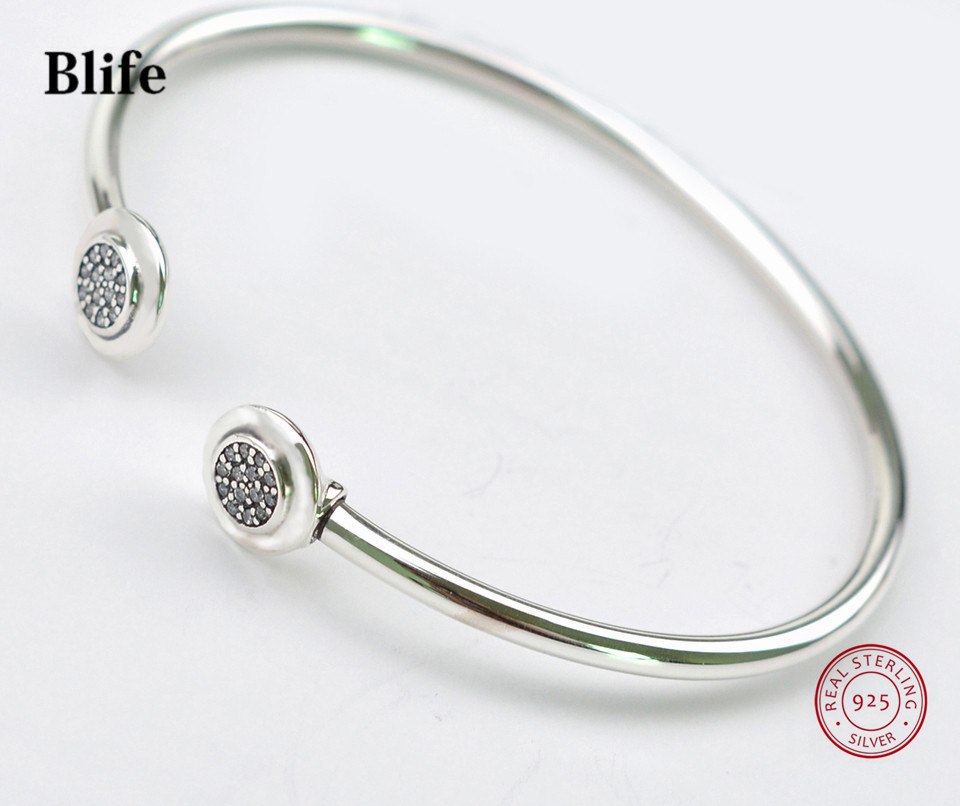 100% 925 Sterling Silver Bangle Signature With Crystal Open Bracelet for Women Love Couple Bracelet Fit Denmark Fine Jewelry