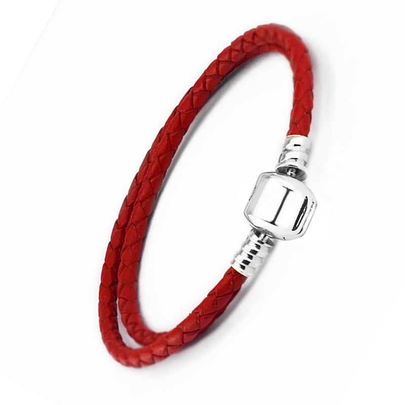 100% 925 Sterling Silver Barrel Clasp Charm Red Leather Bracelet Fit Charm Beads Diy Bracelets for Women Men Gift PRE019