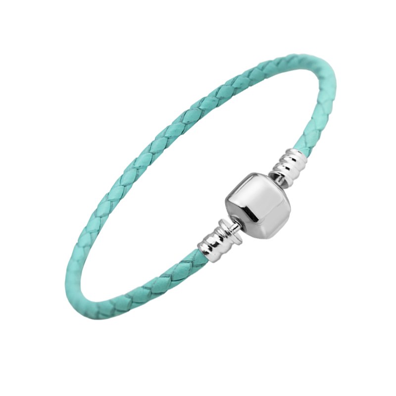 100% 925 Sterling Silver Barrel Clasp Ocean Blue Leather Charm Beads Bracelets for Women DIY Fine Jewelry PLE015