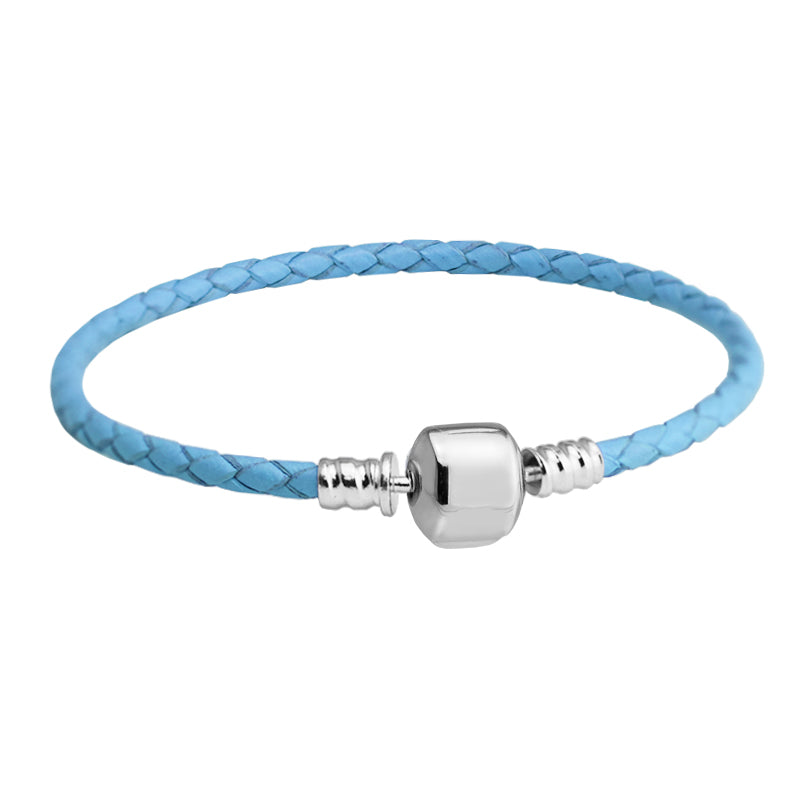 100% 925 Sterling Silver Barrel Clasp Sky Blue Leather Chain Charm Beads Bracelets for Women Men Fine Jewelry PLE016