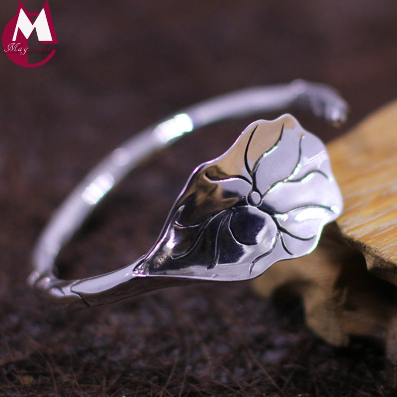 100% 925 Sterling Silver Bracelets For Women Simple Handmade Lotus Leaf Trendy Fashion Leaves Bangles Plant Fine Jewelry SB31