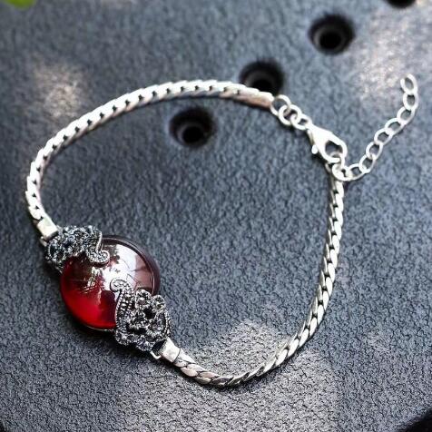 100% 925 Sterling Silver Bracelets For Women Vintage Yellow Agate Charms Bracelet Girl Gift Fine Plant Plum Blossom Jewelry SB20