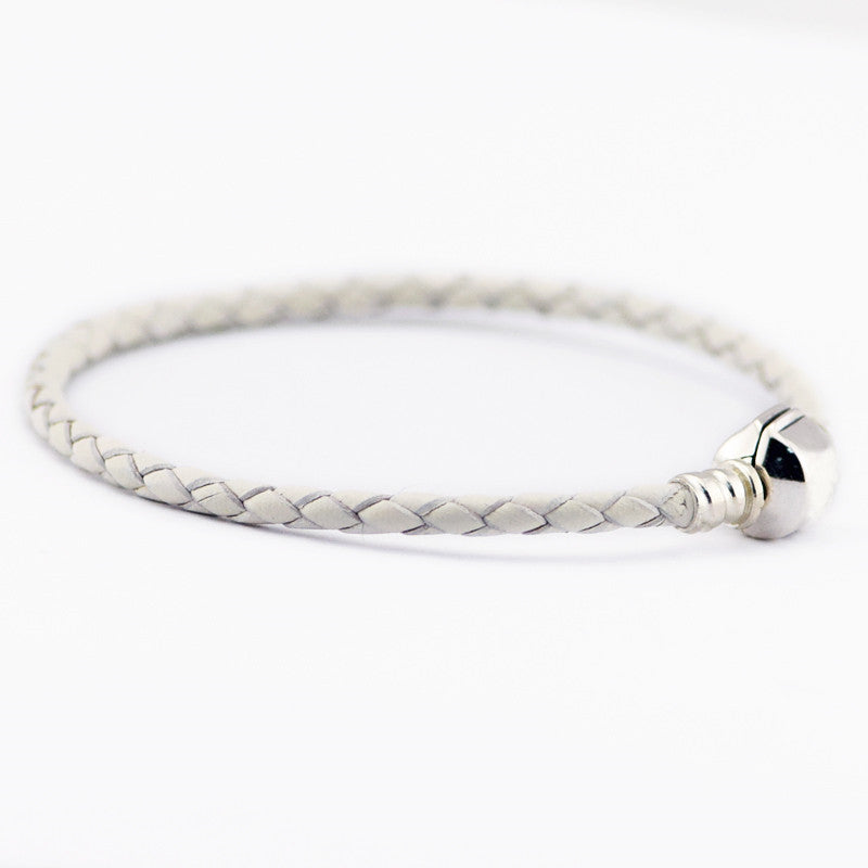 100% 925 Sterling Silver Clasp White Leather Chain Bracelets for Women Men Fit Charm Beads Diy Fine Jewelry PRE018