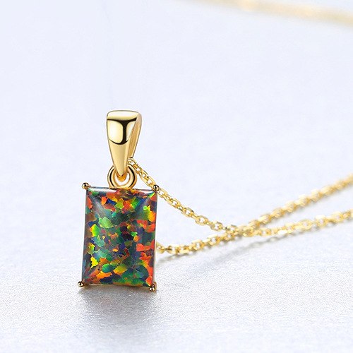100% 925 Sterling Silver Classic Square Blue Opal Necklace Zirconia Pendants Necklaces Best Gift For Women