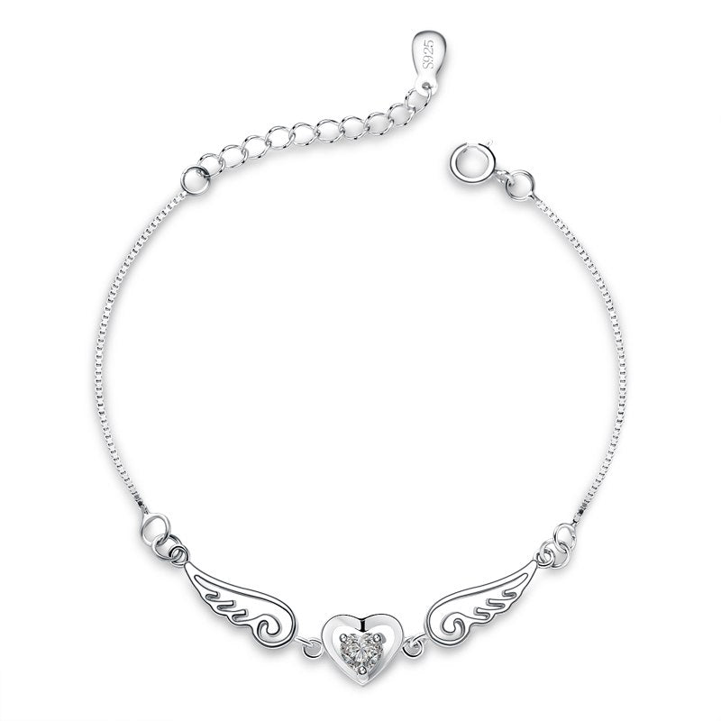100% 925 Sterling Silver Double Angel Wings Heart Charm Bracelets Box Chain For Women Fashion Crystal Wedding Jewelry