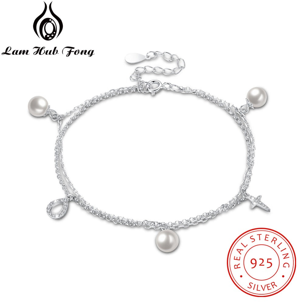 100% 925 Sterling Silver Double Chain Bracelet Zircon Water Drop Shape & Cross Charm Bracelets For Women ( BA102202)