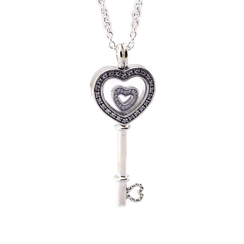 100% 925 Sterling Silver Floating Locket Heart Key Necklace, Sapphire Crystal & Clear CZ with Petite Beads for Women Diy PFN053C