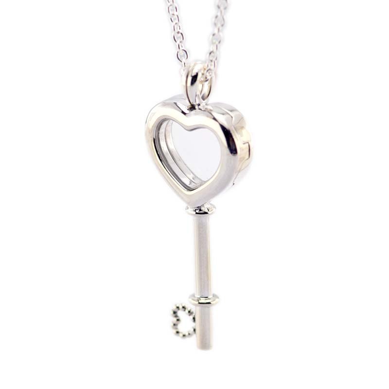 100% 925 Sterling Silver Floating Locket Heart Key Necklace ,Sapphire Crystal & Clear Cz Pendant Necklaces for Women Diy PFN053