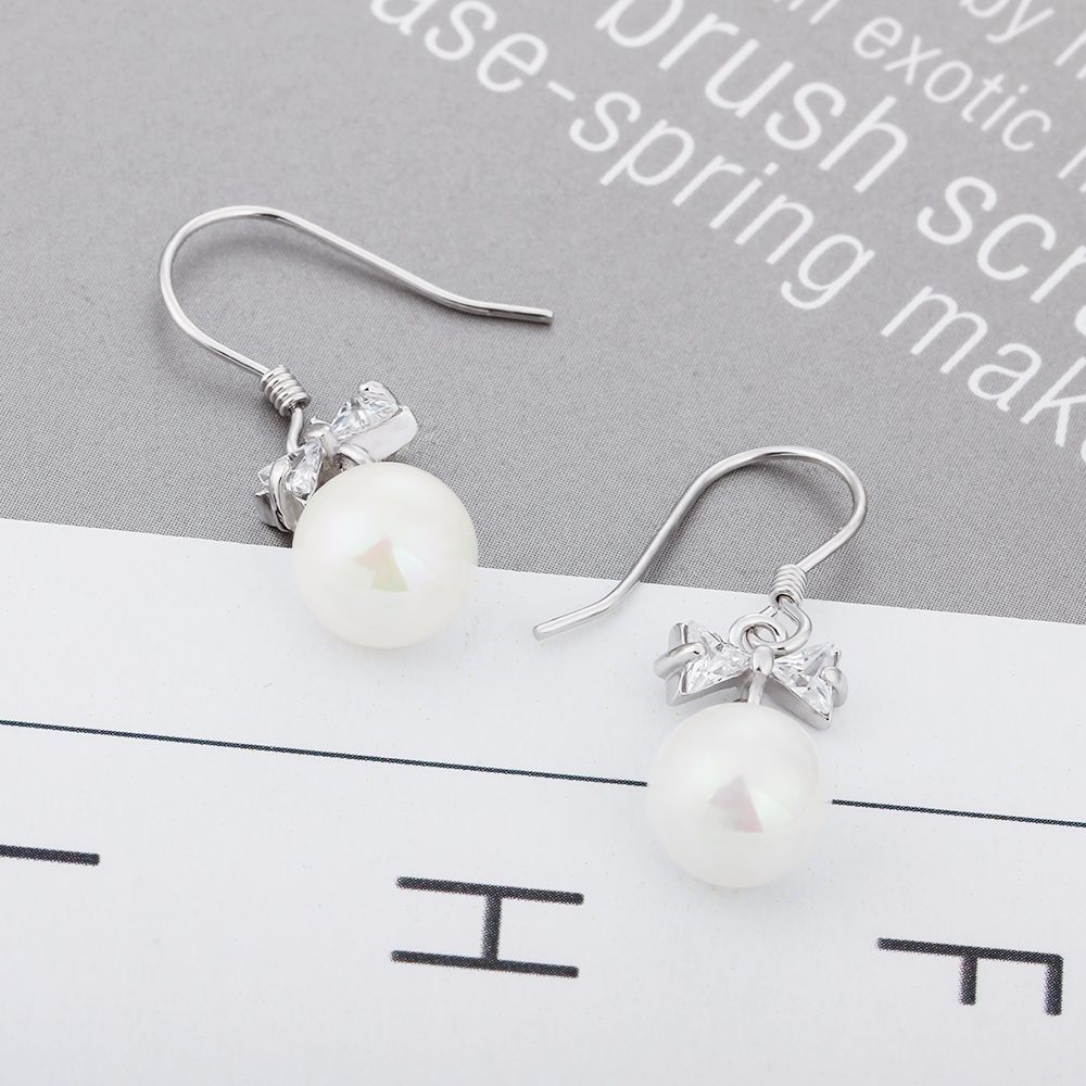 100% 925 Sterling Silver Graceful Bow Knot White Pearl drop earrings for Women Zircon Luxury Authentic Original Fine Jewelry