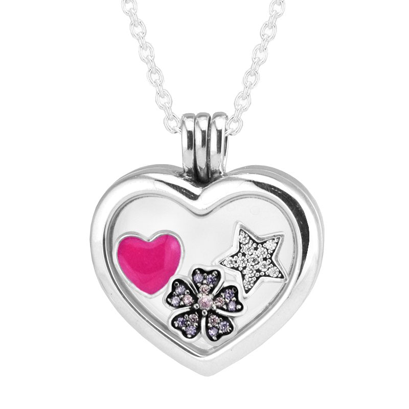 100% 925 Sterling Silver Heart Floating Locket Necklace with 3pc Petite Beads Necklaces Pendants for Women Girl Gift PFN337