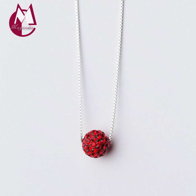 100% 925 Sterling Silver Jewelry 8mm Red Bead Cubic Zirconia Fine Long Chain Romantic Round Necklace Pendant For Women Gift